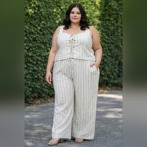 BooHoo Plus Drawstring Eye Linen Stripe 2PCS Jumpsuit (Size 16/14)